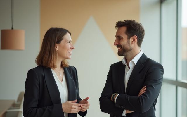 Zwei Gründer von Ebenmass im Gespräch vor einem stilvollen Bauhaus-Hintergrund, der die Verbindung von Astrologie und Design symbolisiert.